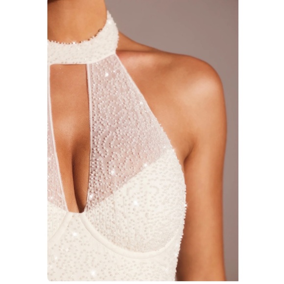 Oh Polly Embellished High Neck Halter Keyhole Cut Out Evening Gown Bridal - Picture 5 of 8